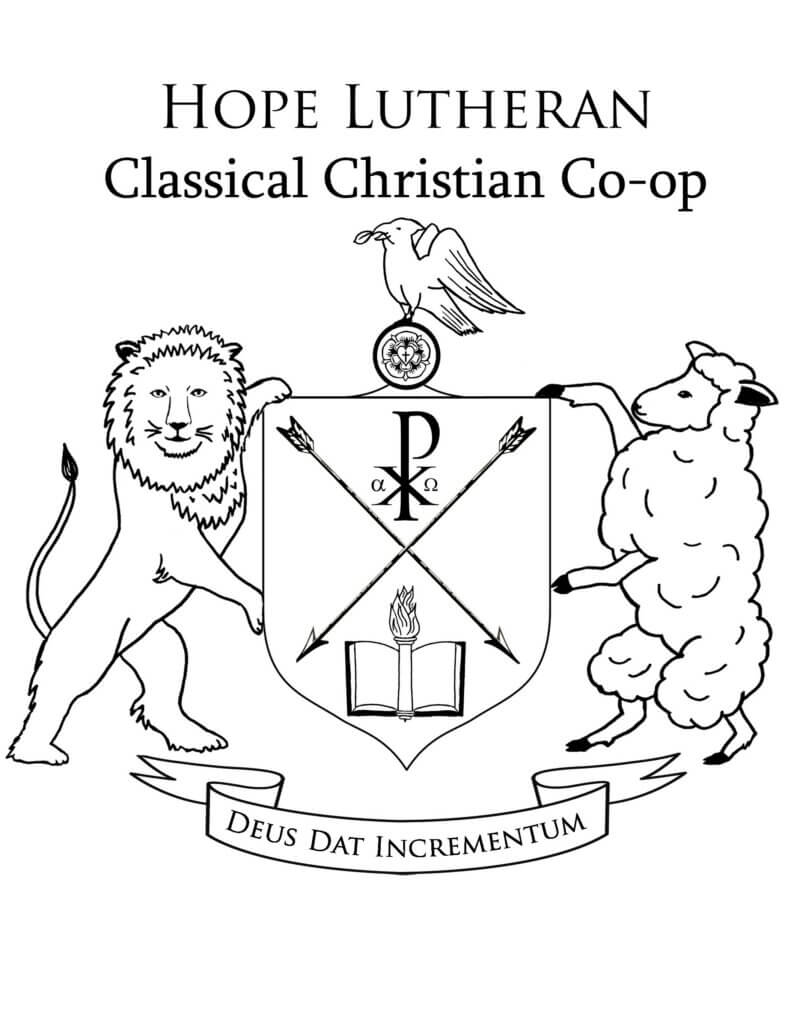 A lion, a lamb, and a dove surround a crest that holds the chi-rho symbol, the Scripture and two arrows. The latin phrase Deus Dat Incrementum is written along the bottom of the image.